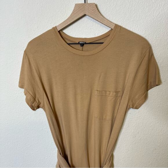 Monrow Pocket Tee Maxi Dress Tie Waist Camel Tan Shirt Dress High Slit Womens S - Picture 3 of 8